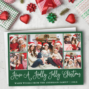 Tarjeta Festiva Fun Calligraphy Holly Jolly Navidades Green