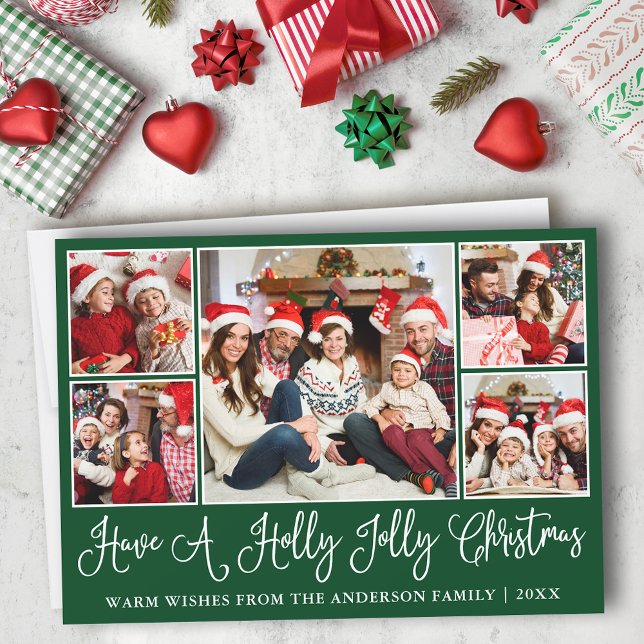 Tarjeta Festiva Fun Calligraphy Holly Jolly Navidades Green (Customize to add text to back of card.)