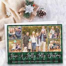 Tarjeta Festiva Fun Calligraphy Holly Jolly Navidades Green Plaid