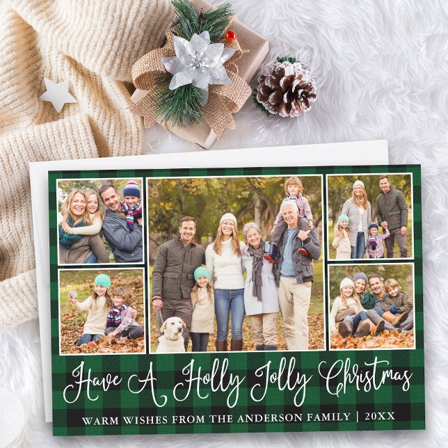Tarjeta Festiva Fun Calligraphy Holly Jolly Navidades Green Plaid (Customize to add text to back of card.)