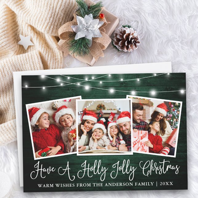 Tarjeta Festiva Fun Calligraphy Holly Jolly Navidades Green Wood (Customize to add text to back of card.)
