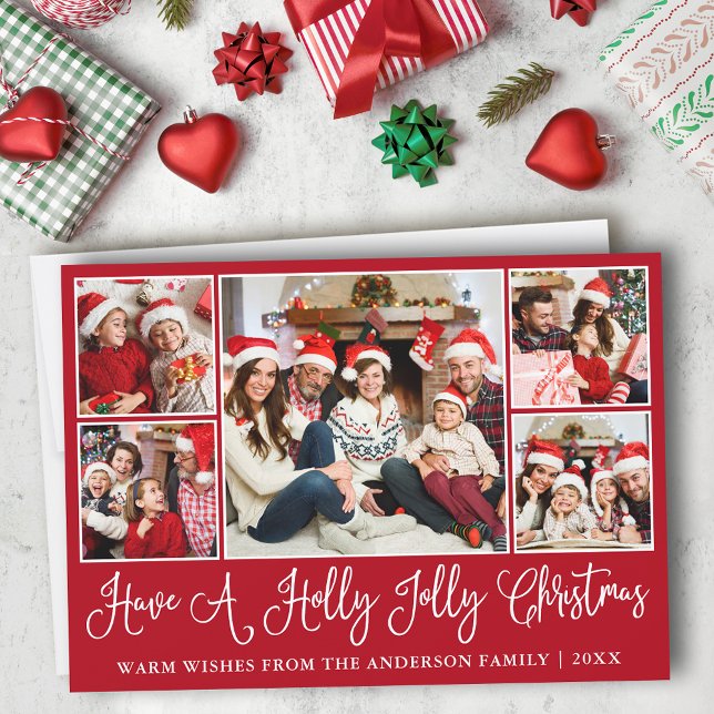 Tarjeta Festiva Fun Calligraphy Holly Jolly Navidades Red (Customize to add text to back of card.)