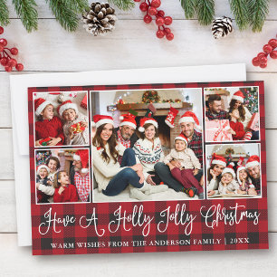 Tarjeta Festiva Fun Calligraphy Holly Jolly Navidades Red Plaid