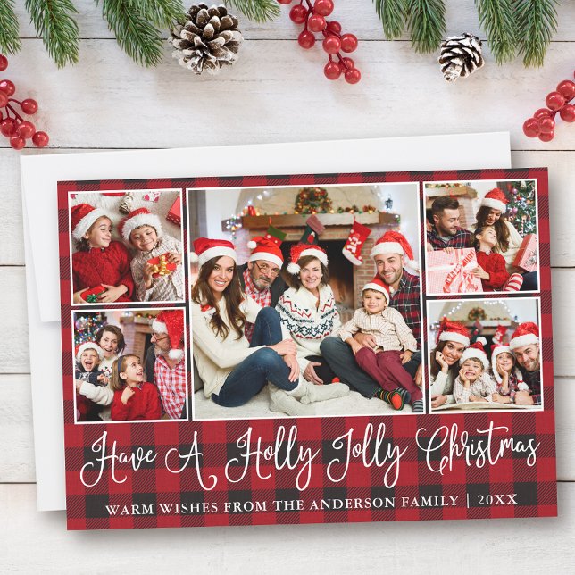 Tarjeta Festiva Fun Calligraphy Holly Jolly Navidades Red Plaid (Customize to add text to back of card.)