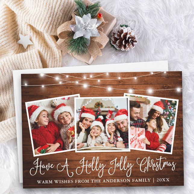 Tarjeta Festiva Fun Calligraphy Holly Jolly Navidades Wood (Customize to add text to back of card.)