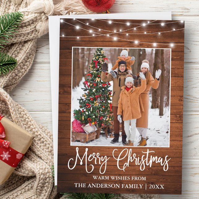 Tarjeta Festiva Fun Calligraphy Navidades Wood Lights Photo (Customize to add text to back of card.)