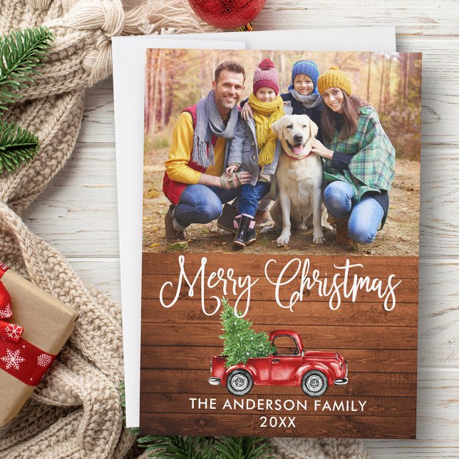 Tarjeta Festiva Fun Calligraphy Navidades Wood Red Truck Photo (Customize to add text to back of card.)