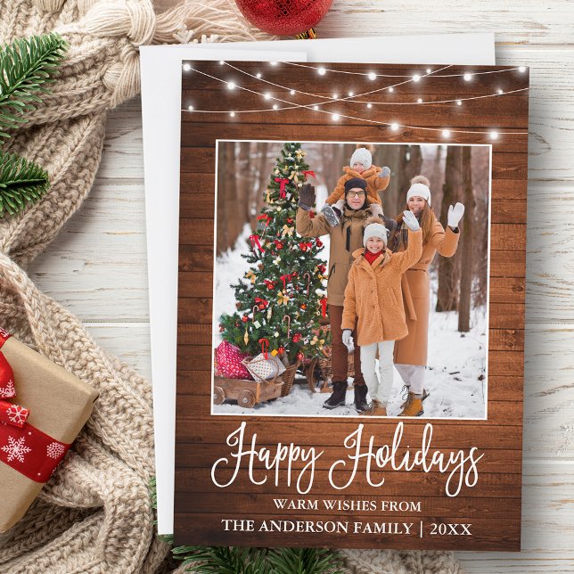Tarjeta Festiva Fun Calligraphy Rustic Wood Lights Photo (Customize to add text to back of card.)