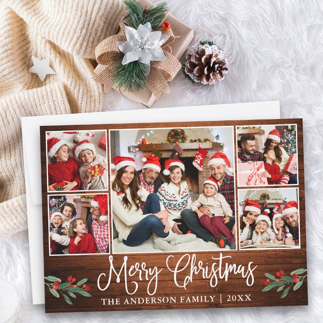 Tarjeta Festiva Fun Calligraphy Wood Holly 5 Navidades de fotograf (Customize to add text to back of card.)