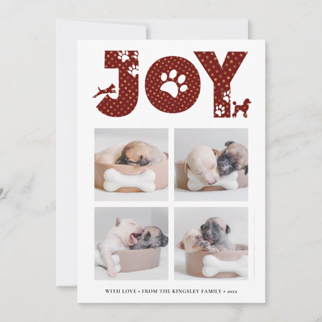 Tarjeta Festiva Fun Dog Paw Script JOY Modern (Anverso)