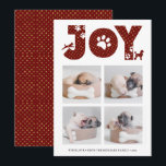 Tarjeta Festiva Fun Dog Paw Script JOY Modern<br><div class="desc">Celebra el feriado con esta moda, linda y encantadora tarjeta de vacaciones minimalista. Esta tarjeta contiene cuatro (4) de tus fotos favoritas de mascota en un sencillo diseño de collage. Las fotos de arriba muestran la letra " JOY " con garras de perrito en oro y rojo. Debajo de las...</div>