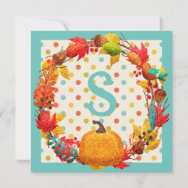 Tarjeta Festiva Fun fall calabaza wreath polka dot verde azulado n