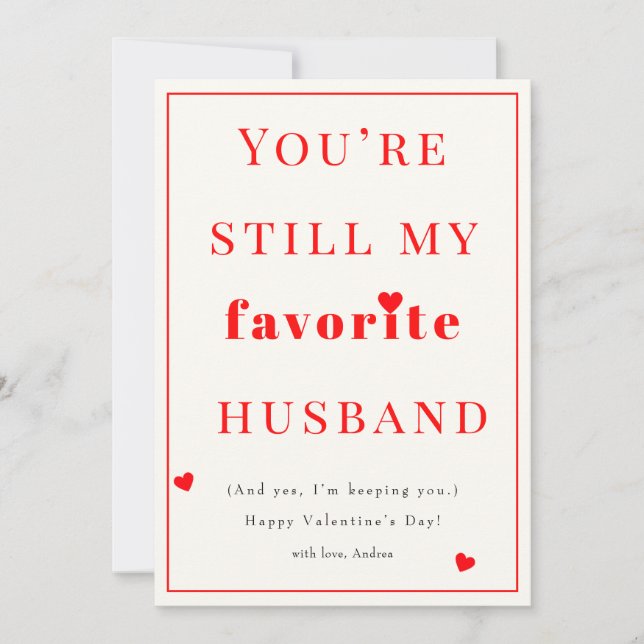 Tarjeta Festiva Fun Favorite Husband Valentine's Day Holiday Card (Anverso)