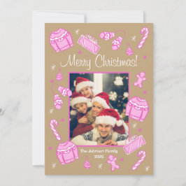 Tarjeta Festiva Fun & Festive Pink Doodle Holiday Card
