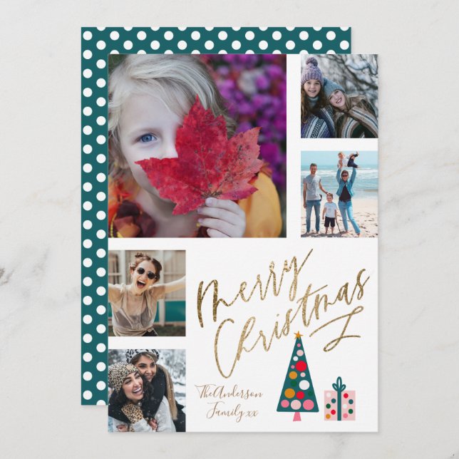Tarjeta Festiva Fun Merry Christmas Gold Script Tree (Anverso / Reverso)