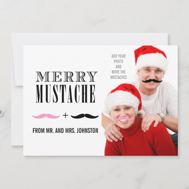 Tarjeta Festiva Fun Merry Christmas Mustache Photo Card Newlyweds (Anverso)