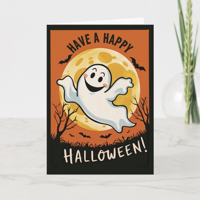 Tarjeta Festiva Fun Vintage Halloween Fantasma y Luna (Anverso)