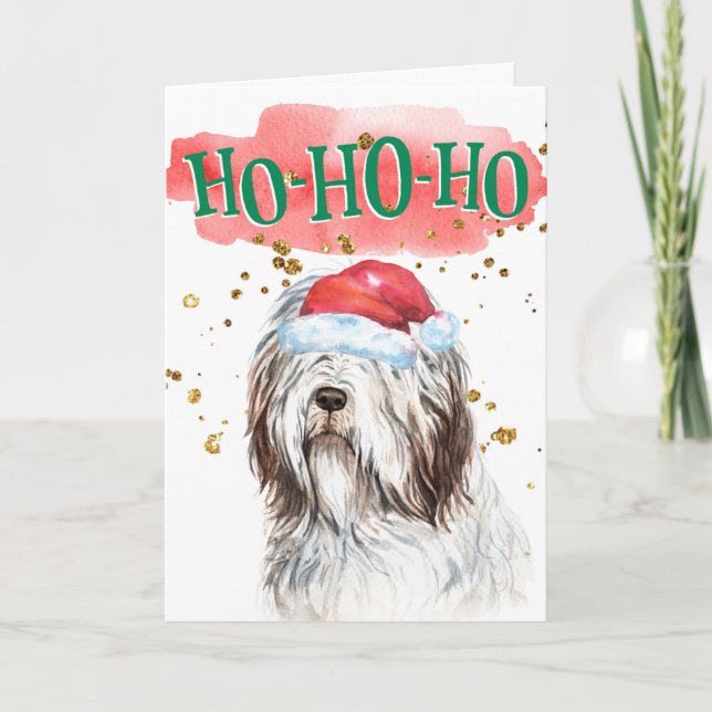 Tarjeta Festiva Fundido perro ovino inglés Santa hat yappy howlida (Anverso)