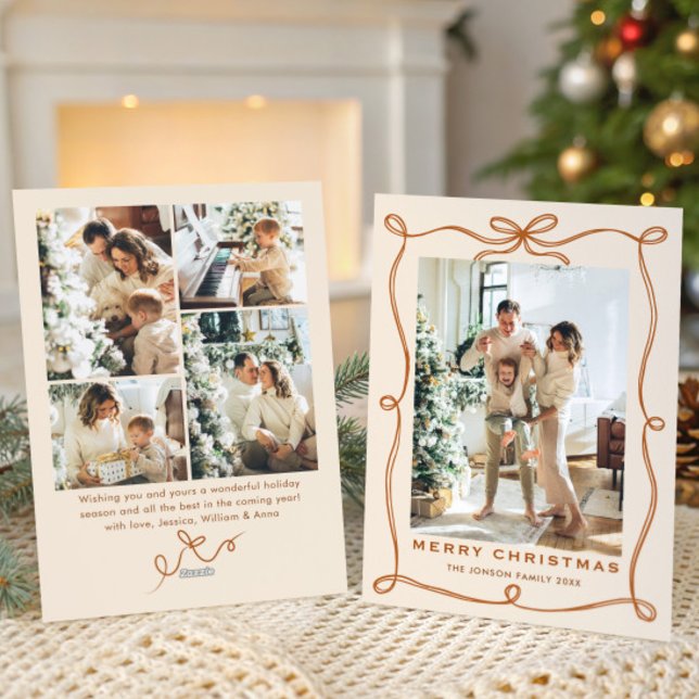 Tarjeta Festiva Funky Christmas Boho Beige Bow Ribbon 5 Photo (Subido por el creador)