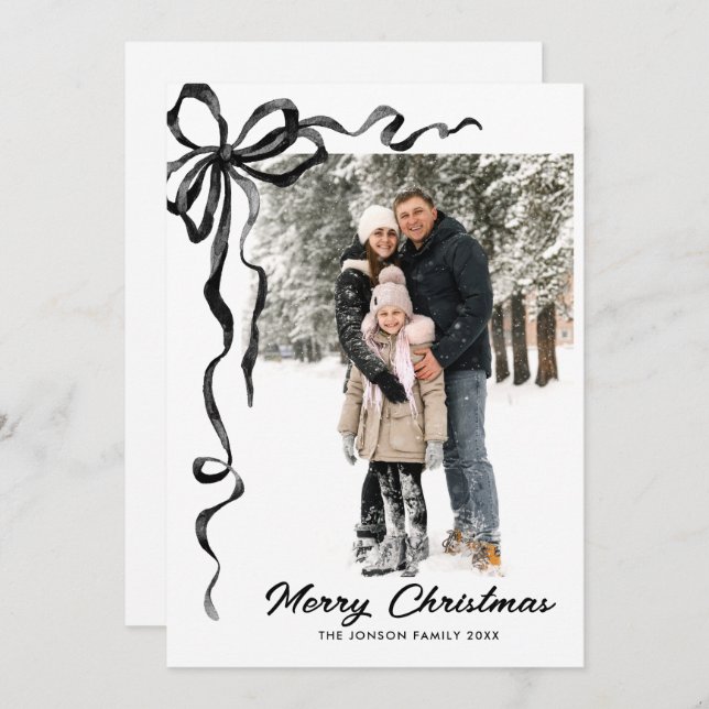 Tarjeta Festiva Funky Christmas Boho Black Bow Ribbon 2 Photo (Anverso / Reverso)