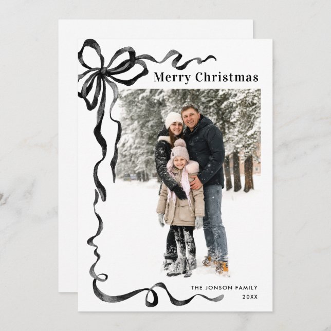 Tarjeta Festiva Funky Christmas Boho Black Bow Ribbon 2 Photo (Anverso / Reverso)