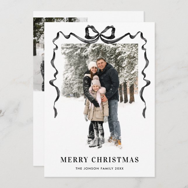 Tarjeta Festiva Funky Christmas Boho Black Bow Ribbon 3 Photo (Anverso / Reverso)