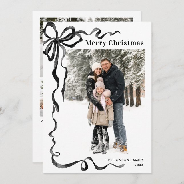 Tarjeta Festiva Funky Christmas Boho Black Bow Ribbon 5 Photo (Anverso / Reverso)