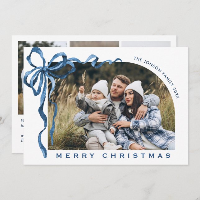Tarjeta Festiva Funky Christmas Boho Blue Bow Ribbon 4 Photo (Anverso / Reverso)