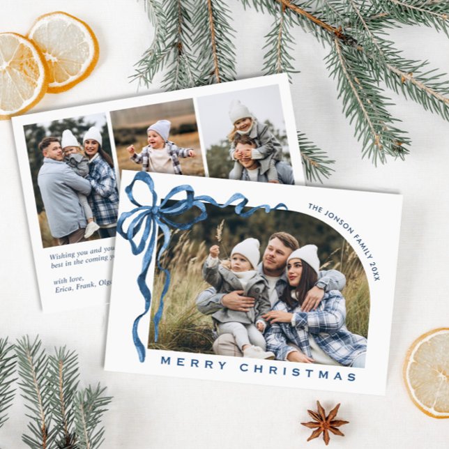 Tarjeta Festiva Funky Christmas Boho Blue Bow Ribbon 4 Photo (Subido por el creador)