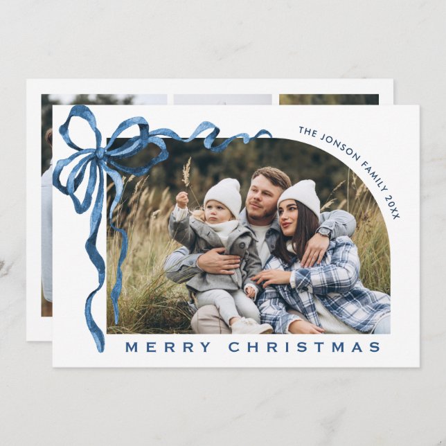 Tarjeta Festiva Funky Christmas Boho Blue Bow Ribbon 4 Photo (Anverso / Reverso)
