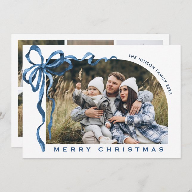 Tarjeta Festiva Funky Christmas Boho Blue Bow Ribbon 6 Photo (Anverso / Reverso)