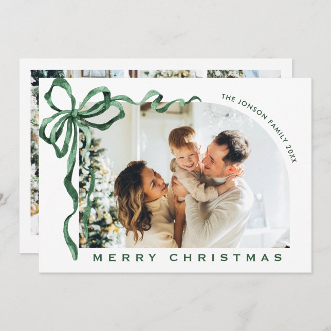 Tarjeta Festiva Funky Christmas Boho Green Bow Ribbon 4 Photo (Anverso / Reverso)