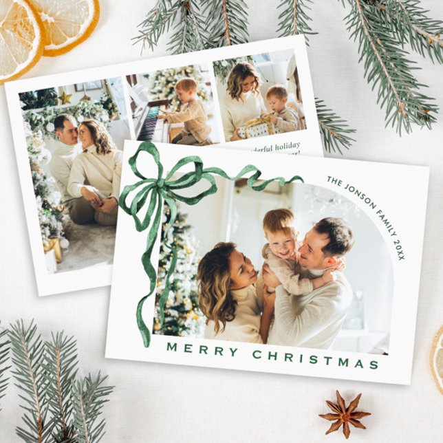 Tarjeta Festiva Funky Christmas Boho Green Bow Ribbon 4 Photo (Subido por el creador)