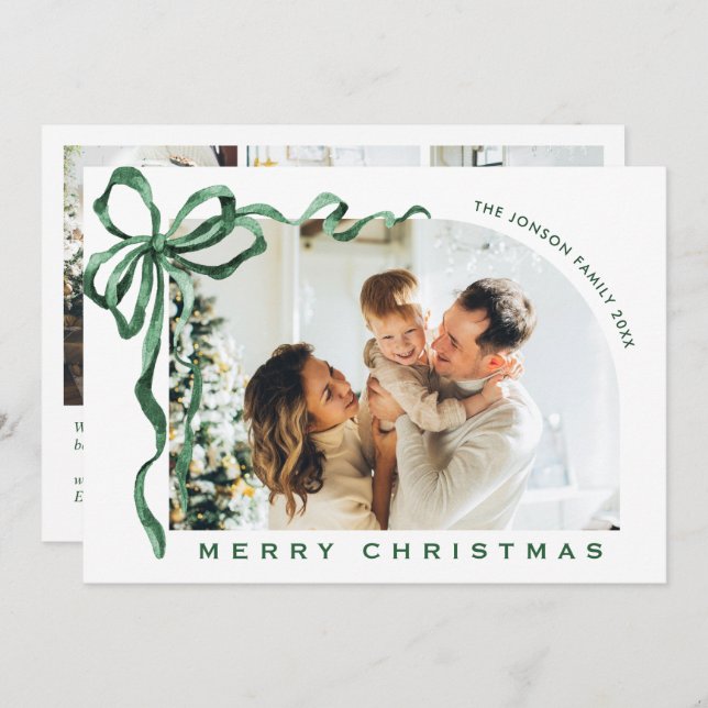 Tarjeta Festiva Funky Christmas Boho Green Bow Ribbon 4 Photo (Anverso / Reverso)