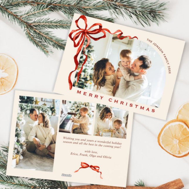 Tarjeta Festiva Funky Christmas Boho Red Bow Ribbon 4 Photo (Subido por el creador)