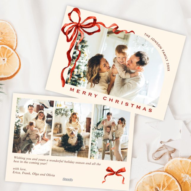 Tarjeta Festiva Funky Christmas Boho Red Bow Ribbon 4 Photo (Subido por el creador)