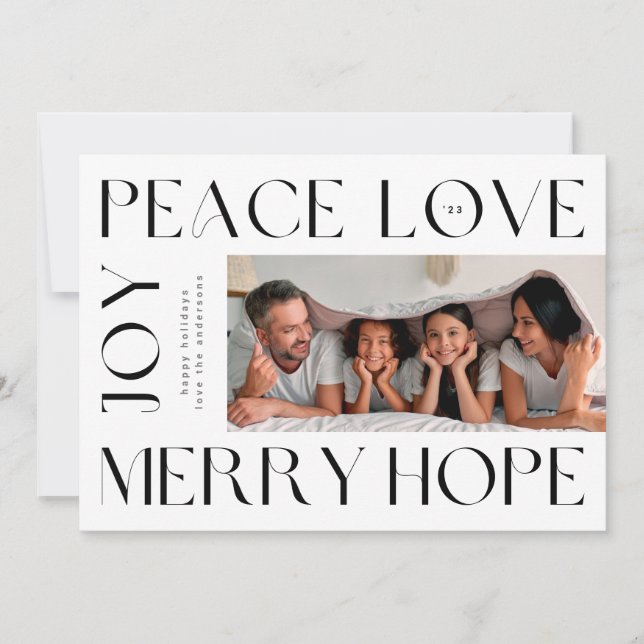 Tarjeta Festiva Funky Modern Letters MERRY JOY PAZ AMOR foto (Anverso)