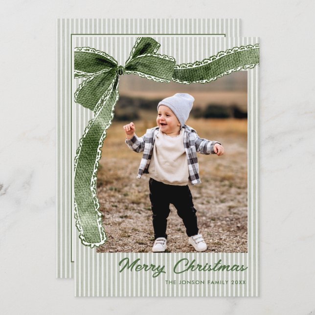 Tarjeta Festiva Funky Sage Green Christmas Bow Ribbon 2 Photo (Anverso / Reverso)