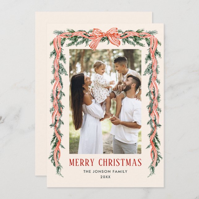 Tarjeta Festiva Funky Sage Green Christmas Bow Ribbon 2 Photo (Anverso / Reverso)