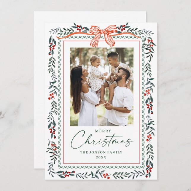 Tarjeta Festiva Funky Sage Green Christmas Bow Ribbon 2 Photo (Anverso / Reverso)