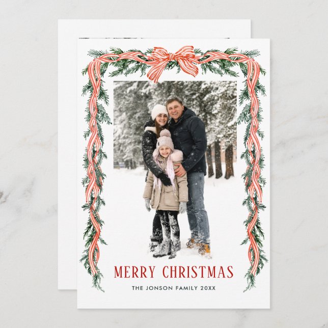 Tarjeta Festiva Funky Sage Green Christmas Bow Ribbon 2 Photo (Anverso / Reverso)