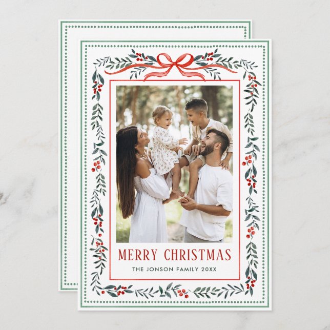 Tarjeta Festiva Funky Sage Green Christmas Bow Ribbon 2 Photo (Anverso / Reverso)