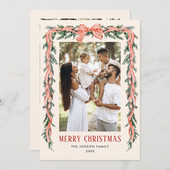 Tarjeta Festiva Funky Sage Green Christmas Bow Ribbon 5 Phot (Anverso / Reverso)