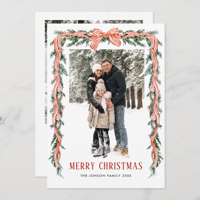 Tarjeta Festiva Funky Sage Green Christmas Bow Ribbon 5 Photo (Anverso / Reverso)