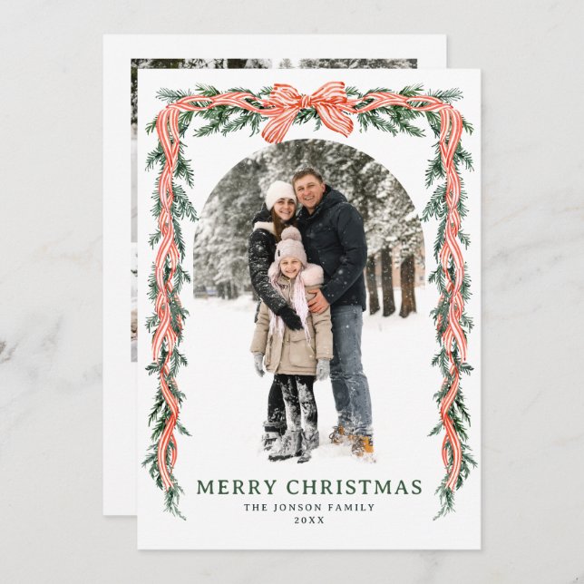 Tarjeta Festiva Funky Sage Green Christmas Bow Ribbon 5 Photo (Anverso / Reverso)