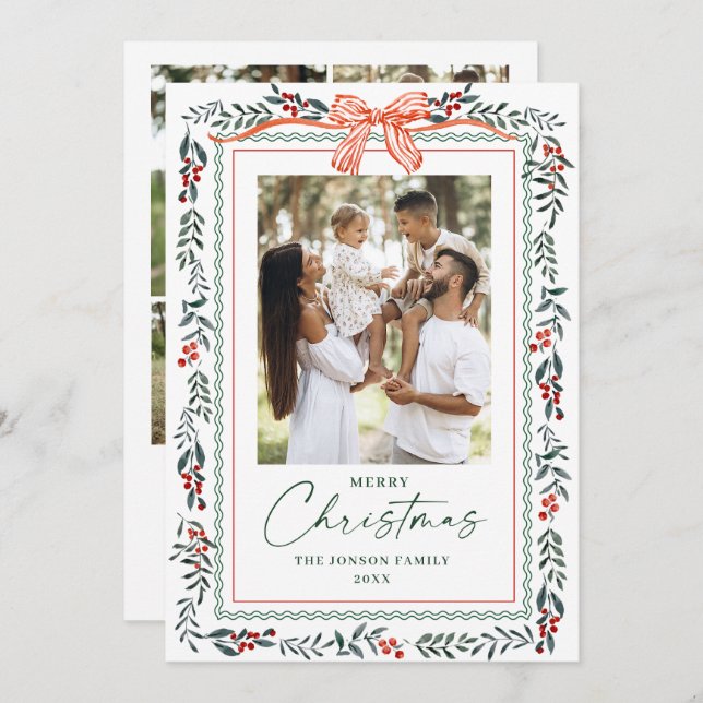 Tarjeta Festiva Funky Sage Green Christmas Bow Ribbon 5 Photo (Anverso / Reverso)