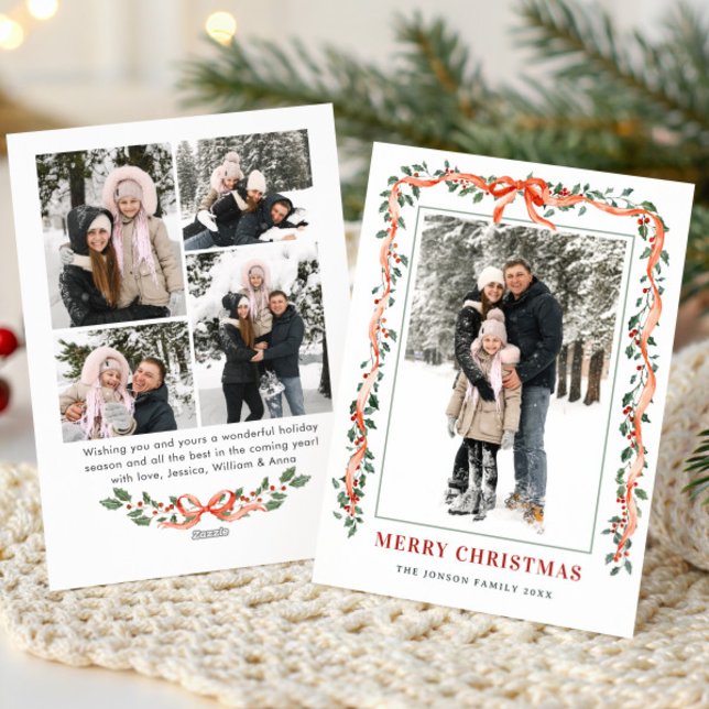 Tarjeta Festiva Funky Sage Green Christmas Bow Ribbon 5 Photo (Subido por el creador)