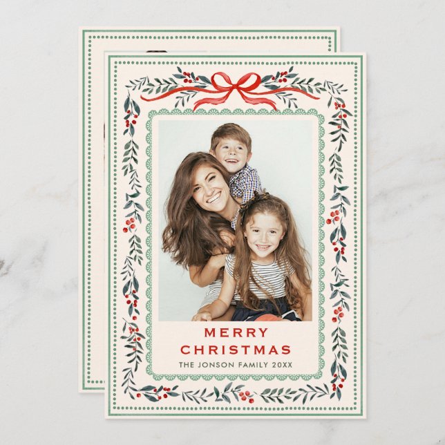 Tarjeta Festiva Funky Sage Green Christmas Bow Ribbon 5 Photo (Anverso / Reverso)