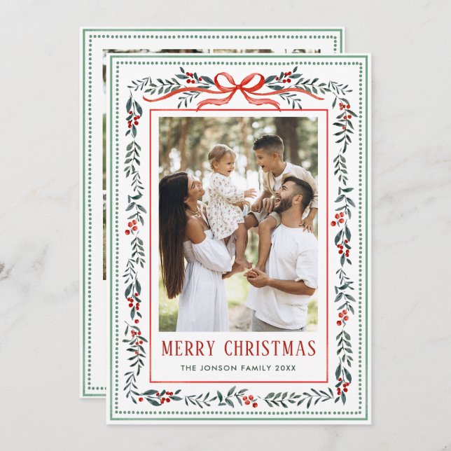 Tarjeta Festiva Funky Sage Green Christmas Bow Ribbon 5 Photo (Anverso / Reverso)