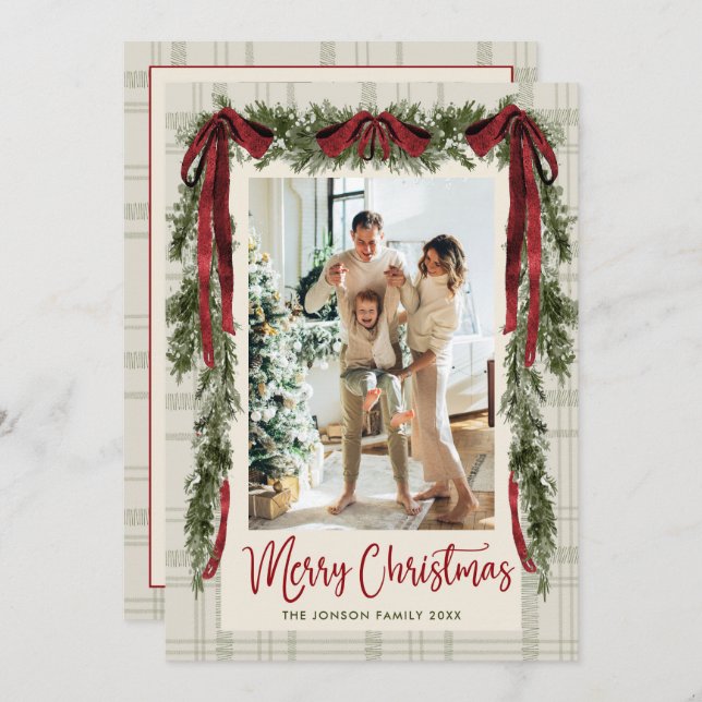 Tarjeta Festiva Funky Velvet Christmas Boho Red Bow 5 Photo (Anverso / Reverso)